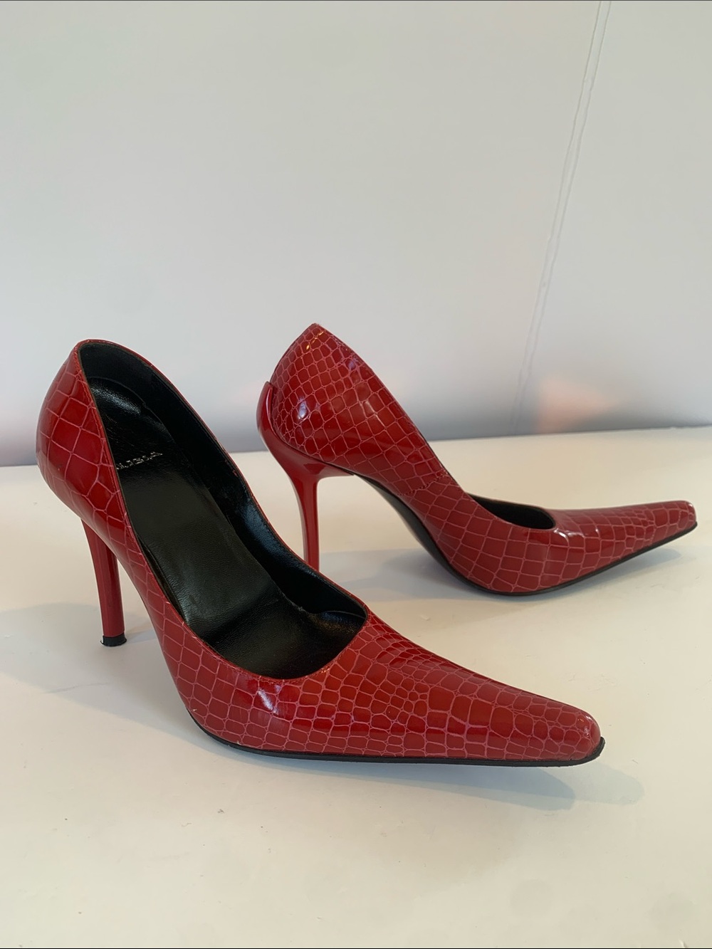 ALISIA Vintage Italy Red Croc Patent Leather Pointed Toe Stiletto Pumps EU 37